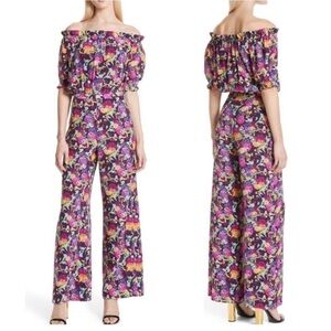 Saloni Juli Silk Floral Ruffle Wide Leg Off the Shoulder Jumpsuit Purple Size 0